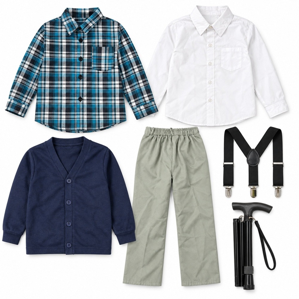 Kids Old Man Costume Set Navy Cardigan Plaid Shirt Pants Suspenders Cane 7pc